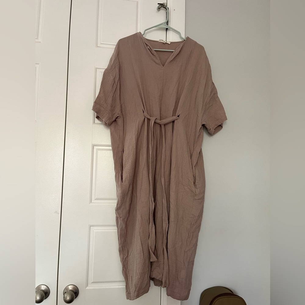 Lightweight Beige/Brown/Mauve Cotton Gauze Tie-Waist Midi Dress